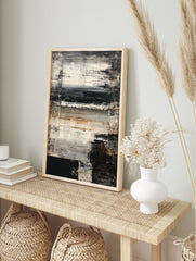 Abstract textured wall art with horizontal black, white, brown brushstrokes and dark vertical, in an alternate framed mockup