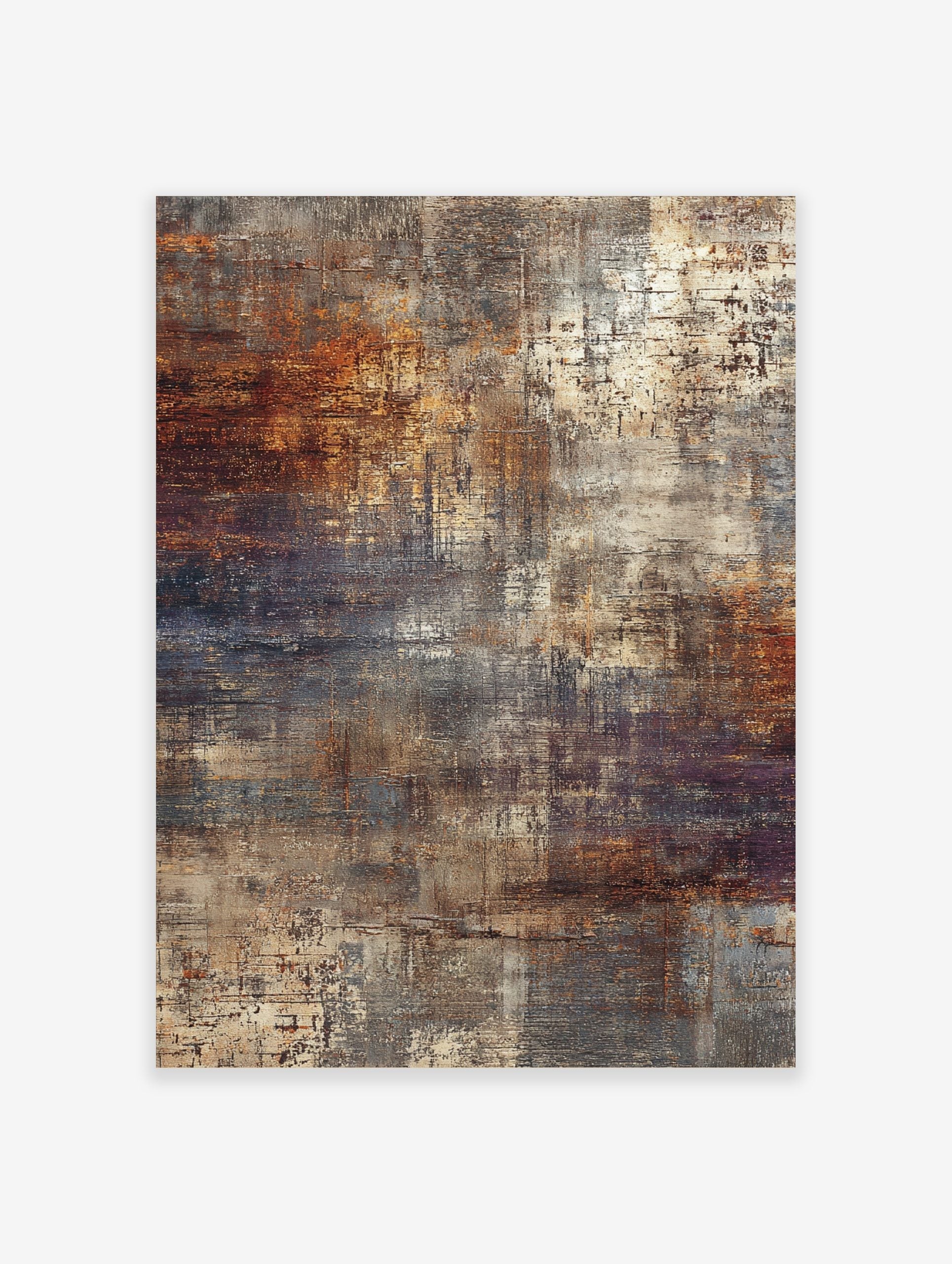 Abstract wall art print with distressed textures in rust orange, brown, grey, and cream colours, vertical orientation
