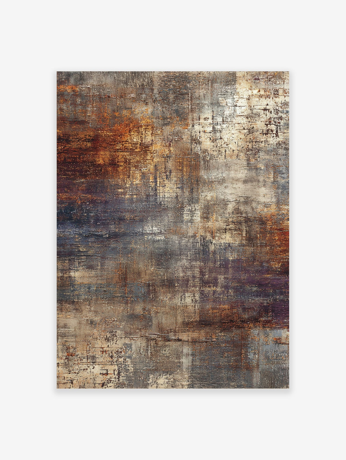 Abstract wall art print with distressed textures in rust orange, brown, grey, and cream colours, vertical orientation