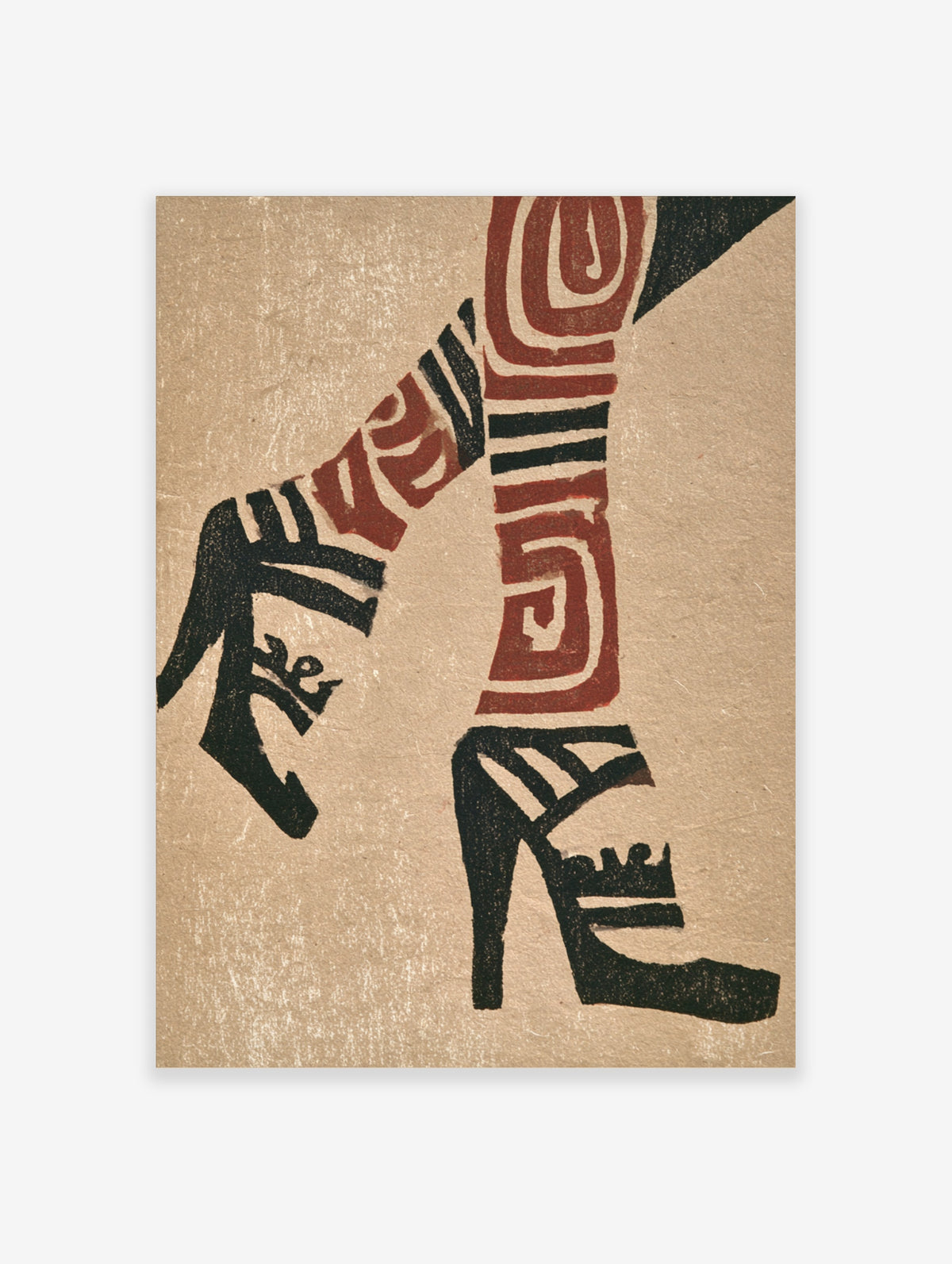 Abstract tribal art print with black and rust red geometric shapes on beige background