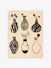 Minimalist black and white line art of six vases with flowers on a beige background