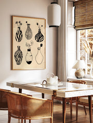 Minimalist black and white line art of six vases with flowers on a beige background, in a styled room mockup