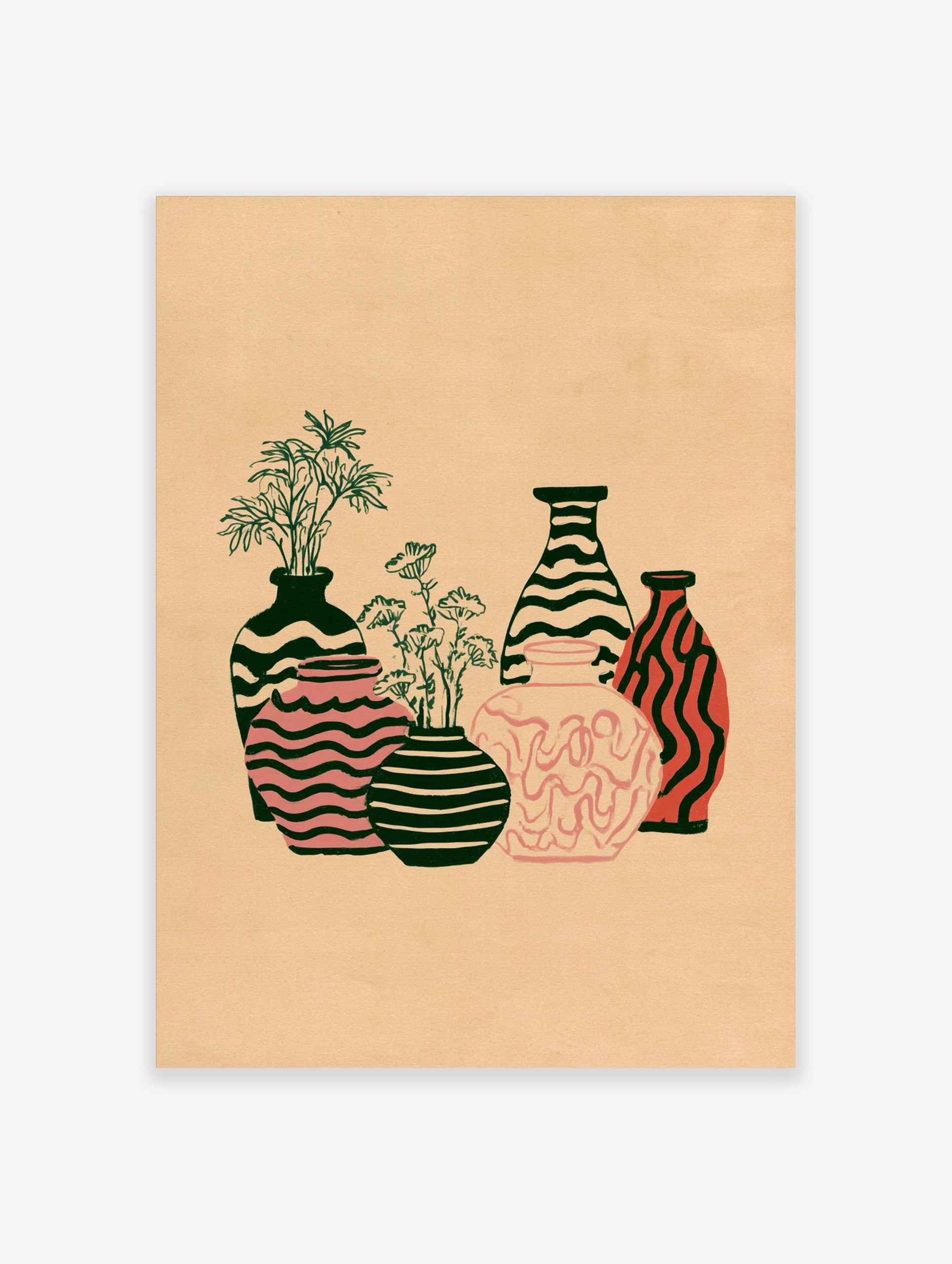 Abstract illustrative wall art print of five patterned vases with botanical flowers on a tan background