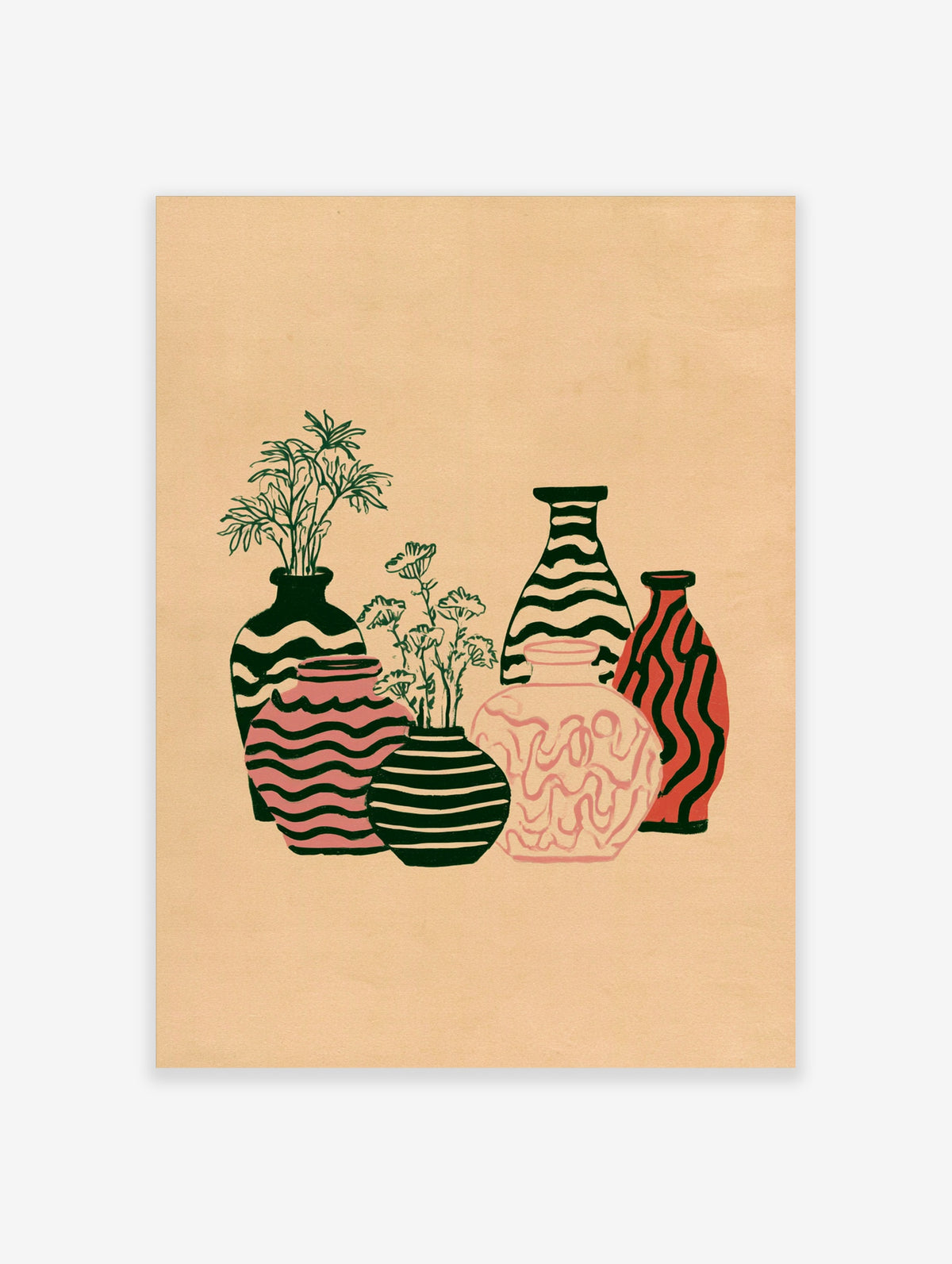 Abstract illustrative wall art print of five patterned vases with botanical flowers on a tan background