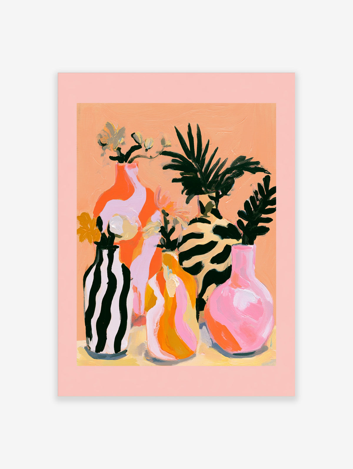 Modern abstract wall art print featuring four decorative vases with botanical leaves on a soft peach background