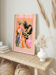 Modern abstract wall art print featuring four decorative vases with botanical leaves on a, in an alternate framed mockup