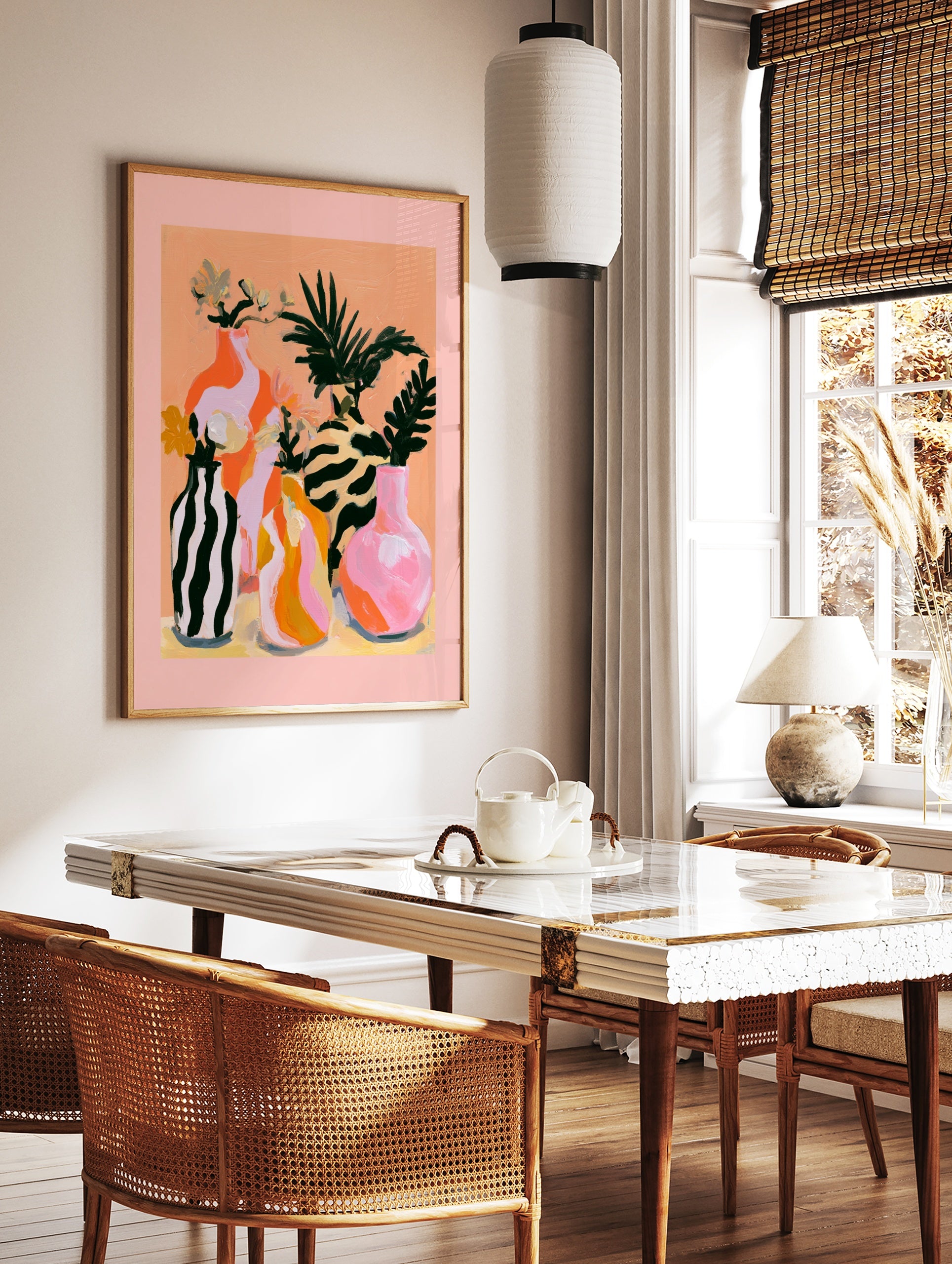 Modern abstract wall art print featuring four decorative vases with botanical leaves on a soft, in a styled room mockup