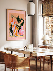 Modern abstract wall art print featuring four decorative vases with botanical leaves on a soft, in a styled room mockup