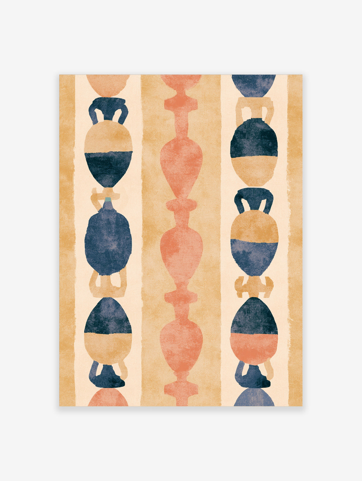 Abstract vase shapes in navy, coral, and ochre on cream background, vertical wall art print