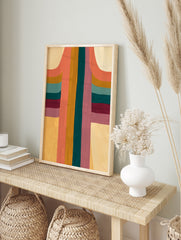 Abstract wall art print with vertical bands of coral, ochre, teal, and purple colours and, in an alternate framed mockup