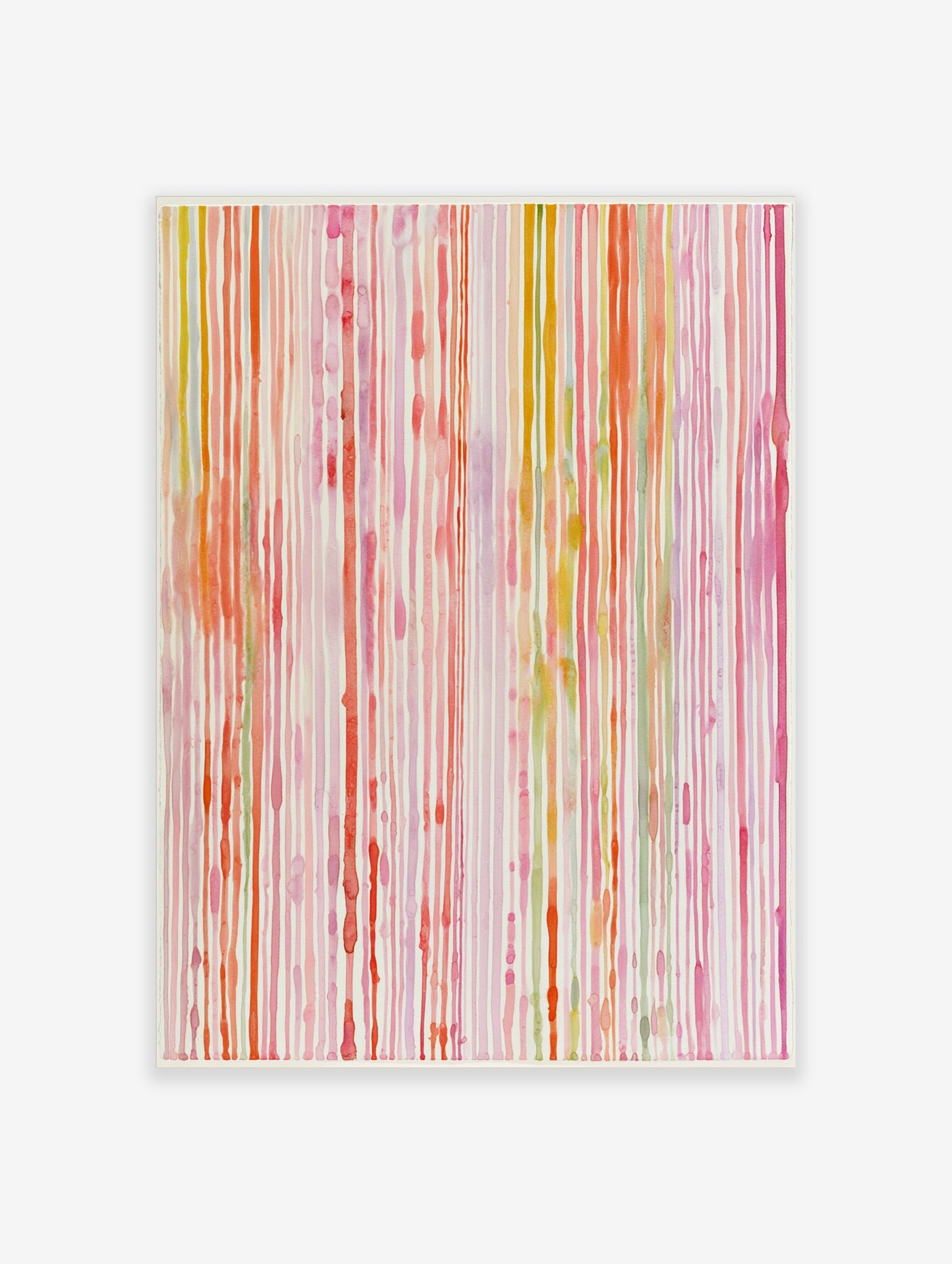 Abstract wall art print with fluid vertical watercolour stripes in pink, orange, yellow, and green on a white background