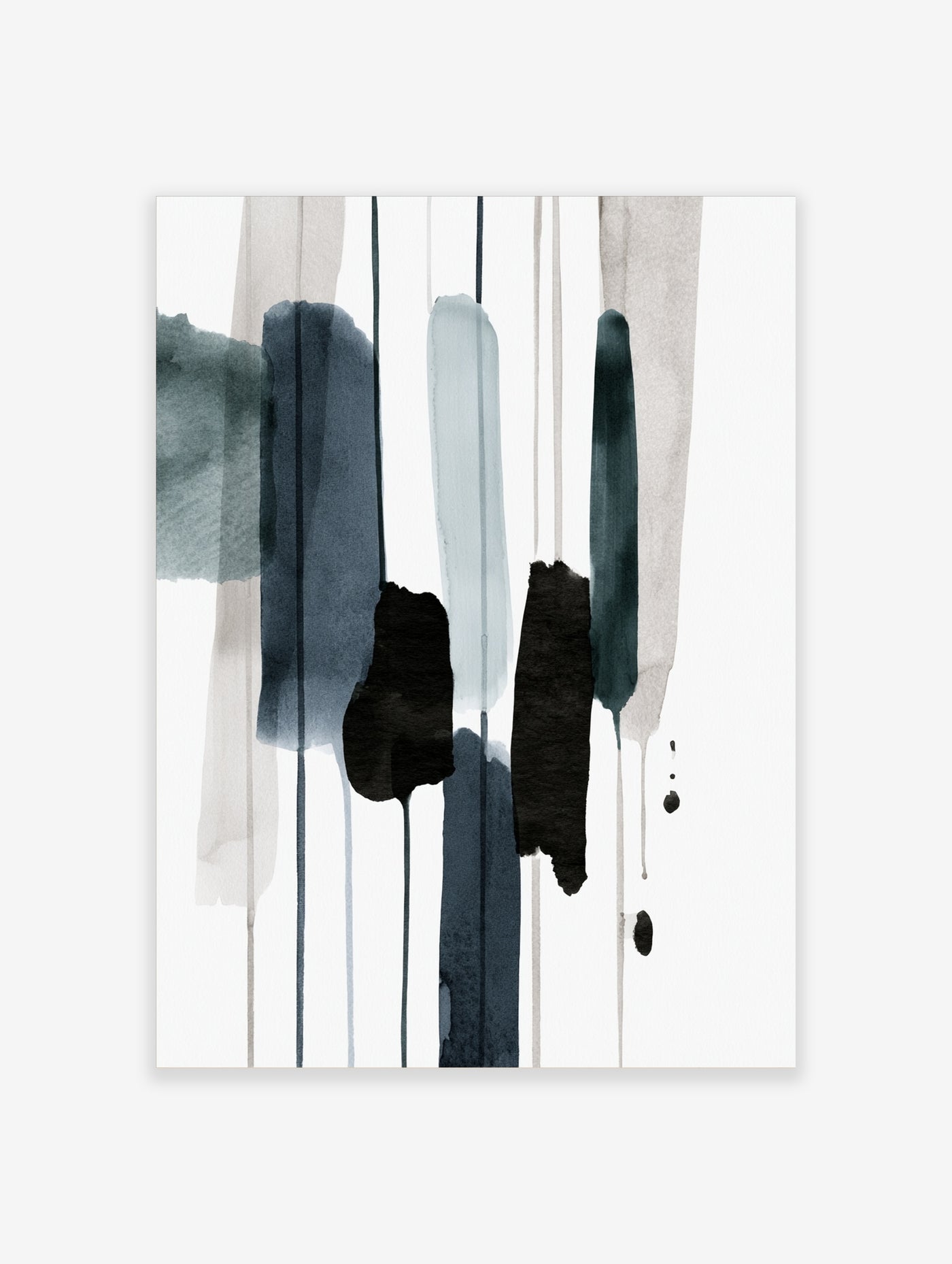 Abstract wall art with vertical navy, black, and grey paint strokes on a white background