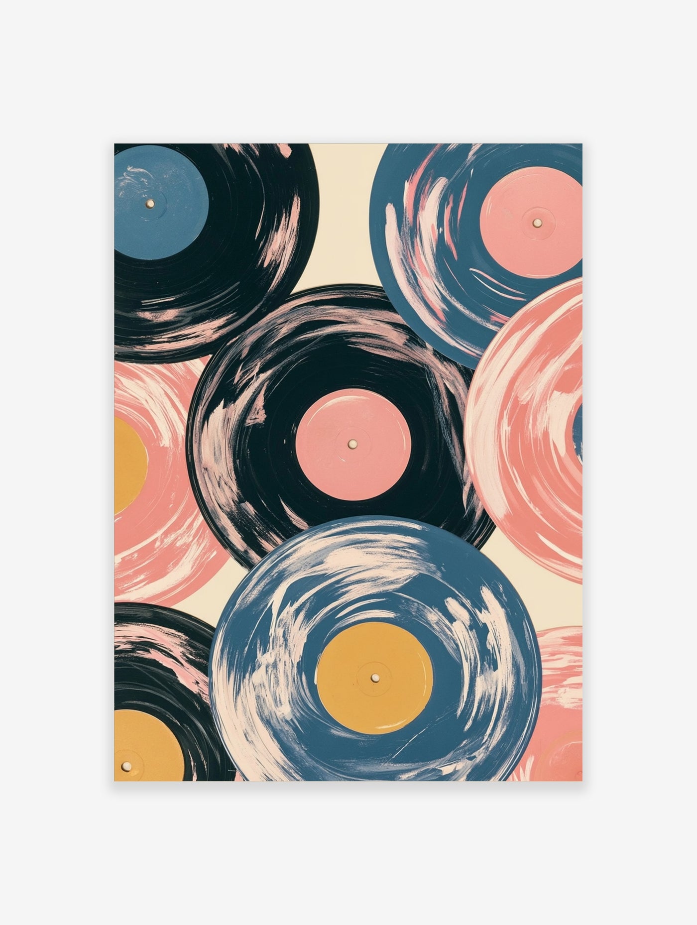 Abstract art print featuring painted vinyl records in blue, pink, and yellow on a neutral background