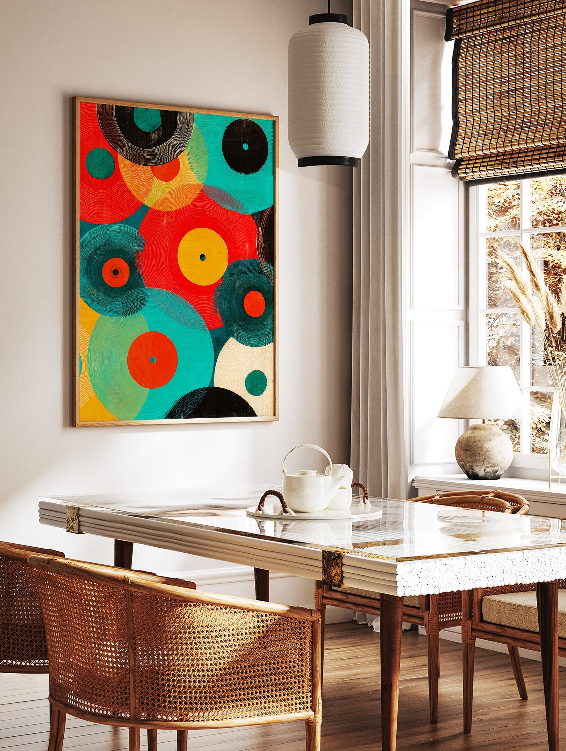 Abstract vinyl record poster with colorful overlapping circles in red, teal, orange, and black, resembling retro music art. - Image 2