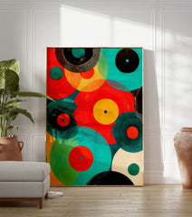 Abstract vinyl record poster with colorful overlapping circles in red, teal, orange, and black, resembling retro music art. - Image 3