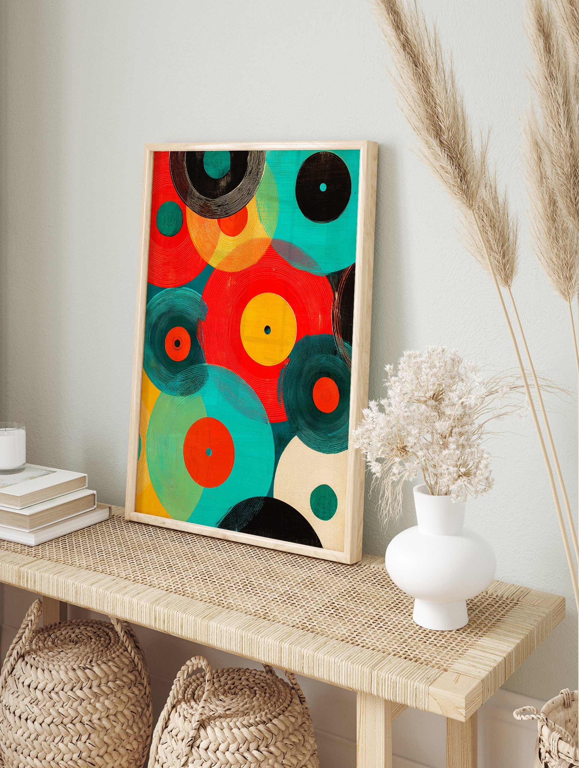 Abstract vinyl record poster with colorful overlapping circles in red, teal, orange, and black, resembling retro music art. - Image 4