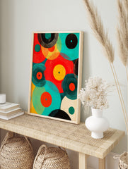 Abstract vinyl record poster with colorful overlapping circles in red, teal, orange, and black, resembling retro music art. - Image 4
