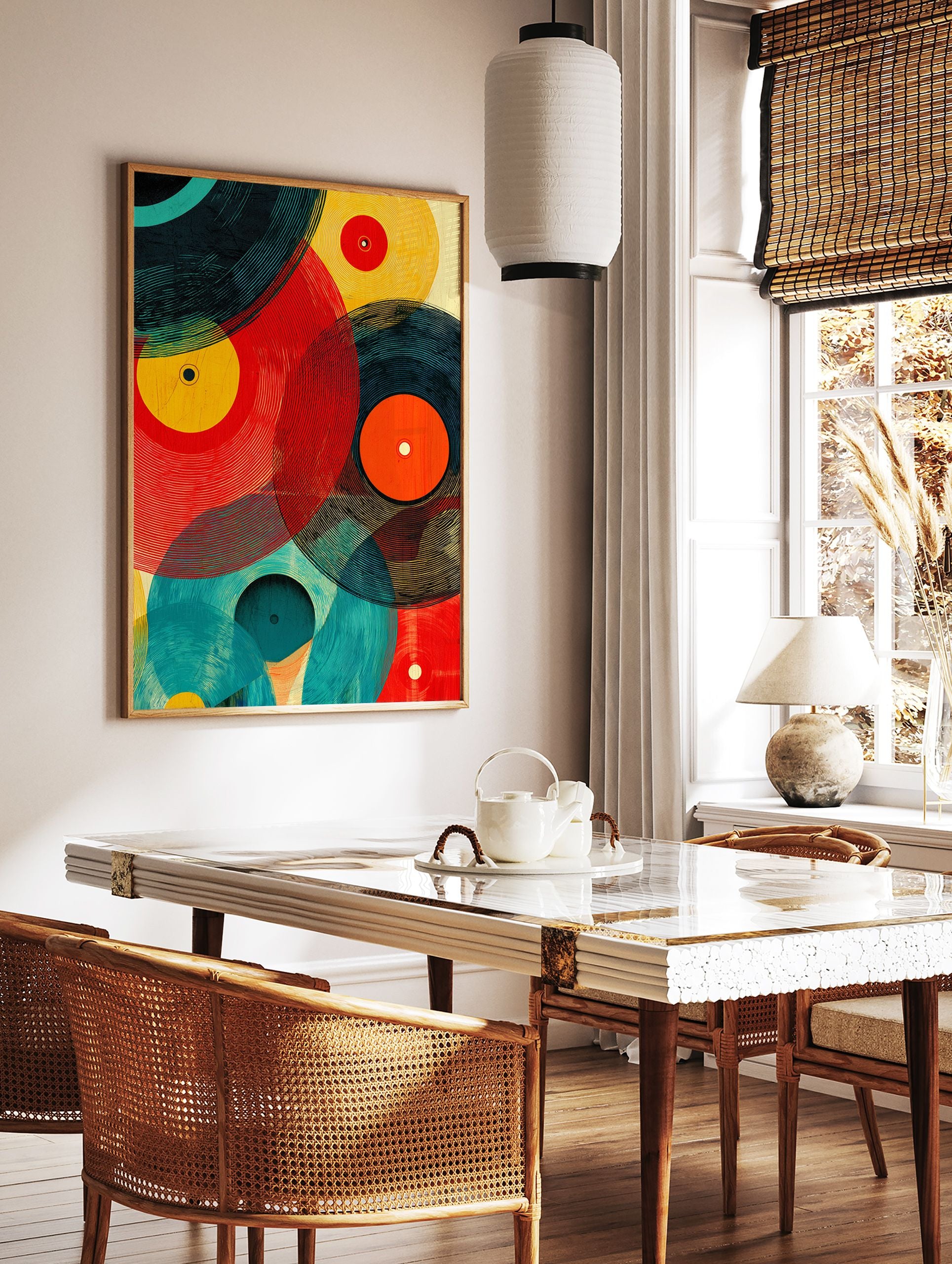 Abstract vinyl record poster with overlapping circles in red, yellow, teal, and black, featuring a textured, graphic style. - Image 2