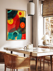 Abstract vinyl record poster with overlapping circles in red, yellow, teal, and black, featuring a textured, graphic style. - Image 2