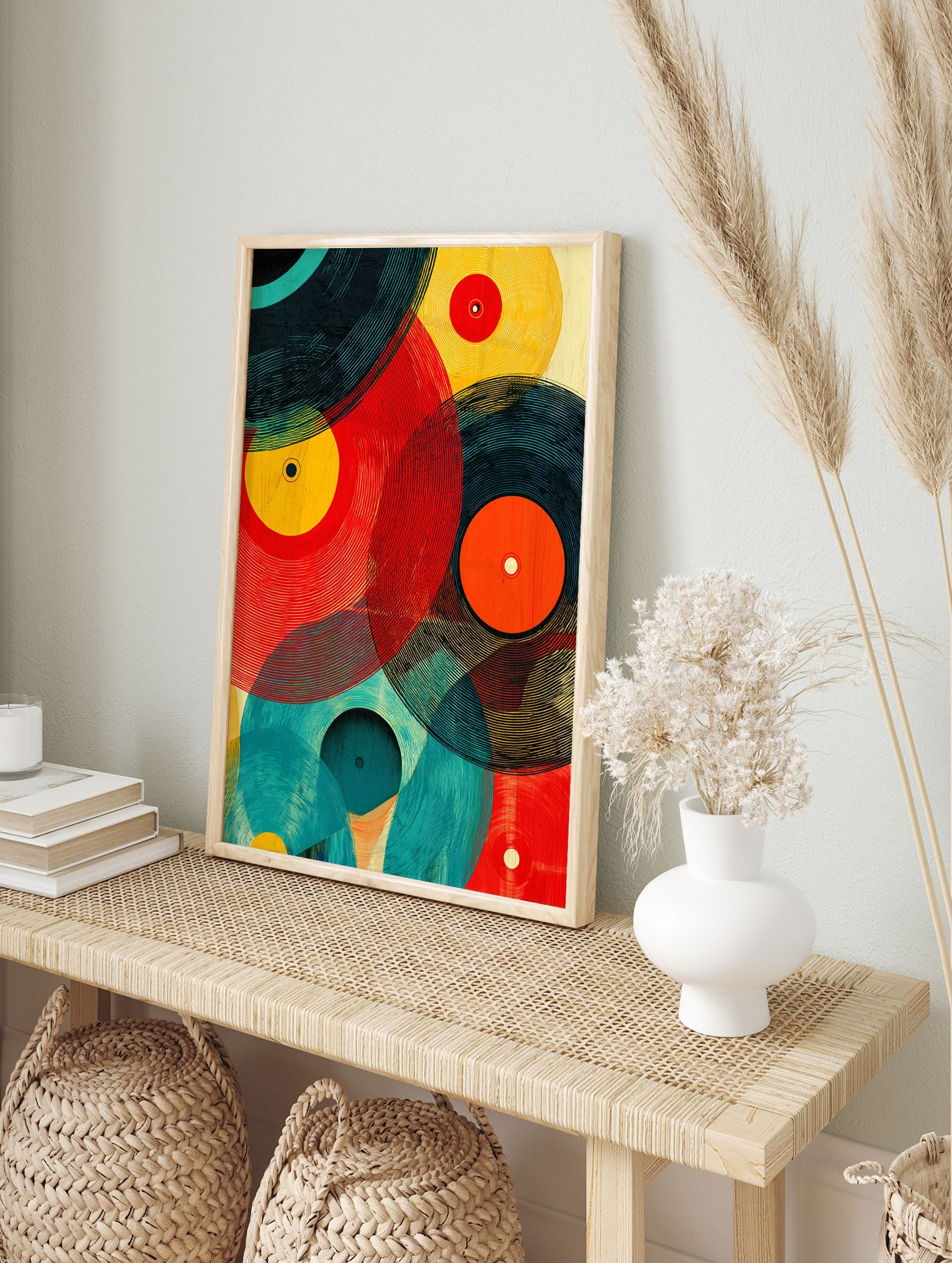Abstract vinyl record poster with overlapping circles in red, yellow, teal, and black, featuring a textured, graphic style. - Image 4