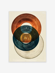 Abstract art print featuring three overlapping vinyl records in blue, brown, and grey tones on a white background