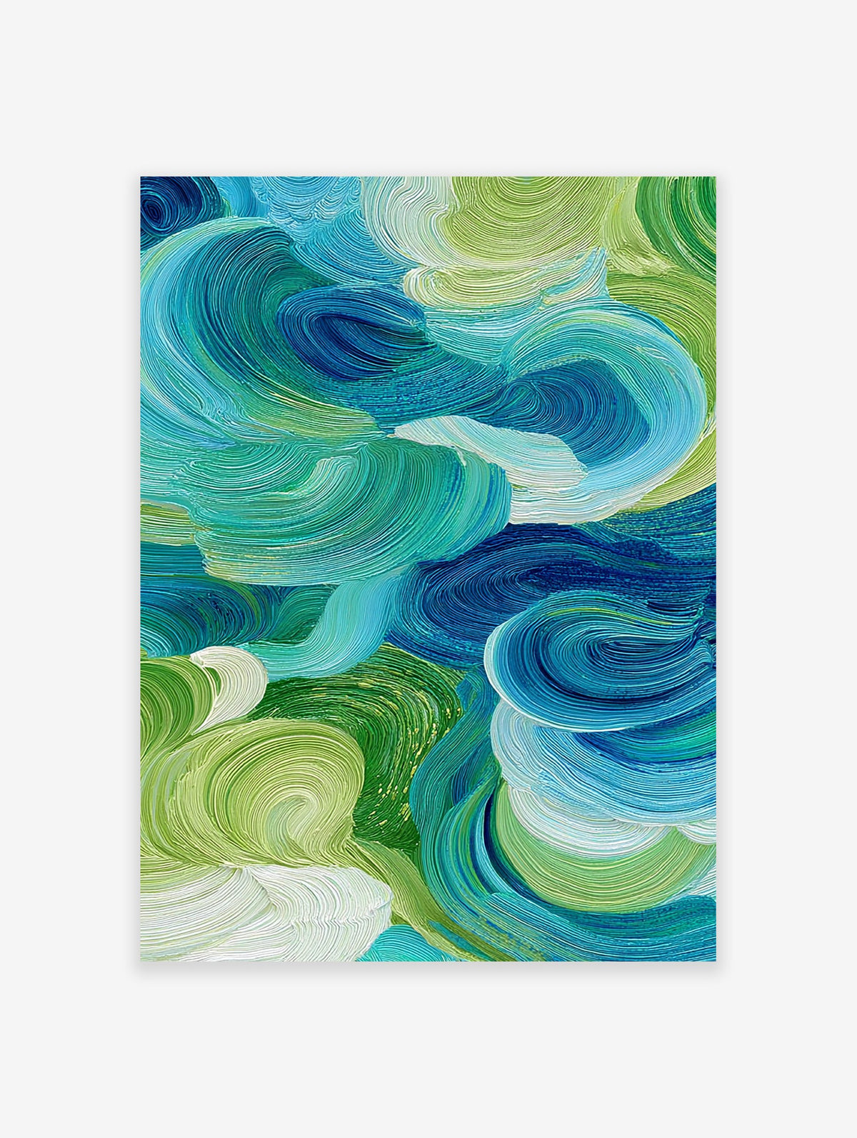 Abstract wall art with swirling blue, green, and white textured brushstrokes, evoking water and nature.