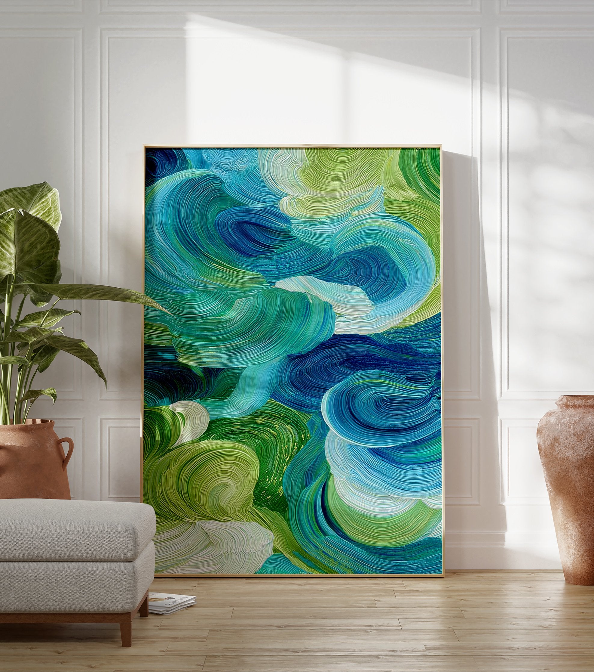 Abstract wall art with swirling blue, green, and white textured brushstrokes, evoking water and nature. - Image 3