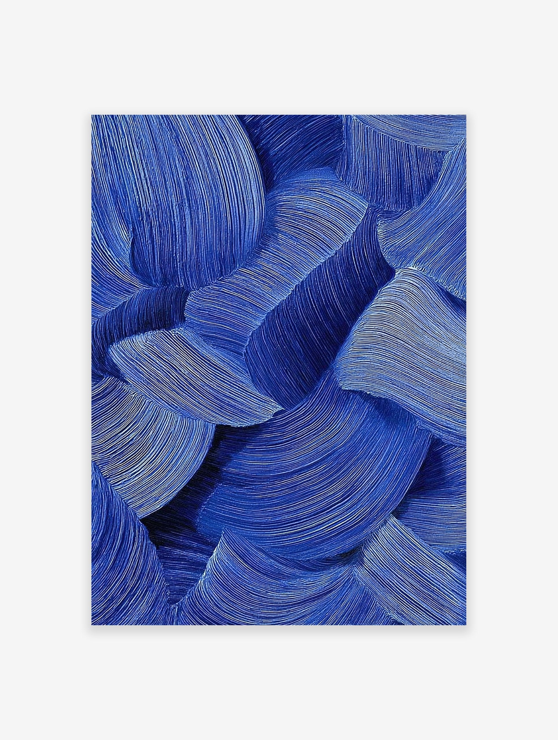 Abstract wall art featuring deep blue textured wavy lines creating a dynamic and fluid pattern on a white background.
