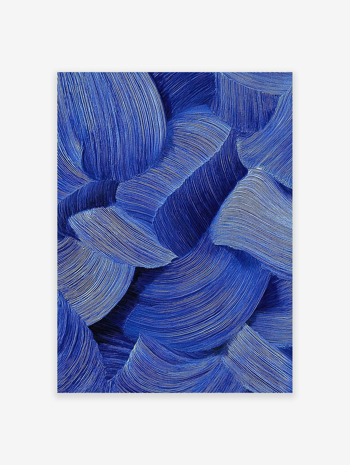 Abstract wall art featuring deep blue textured wavy lines creating a dynamic and fluid pattern on a white background.