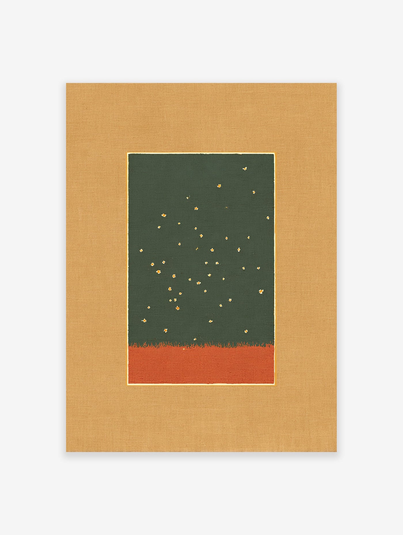 Abstract wall art print with dark green top, gold specks, and burnt orange bottom, matted in tan with a gold line.