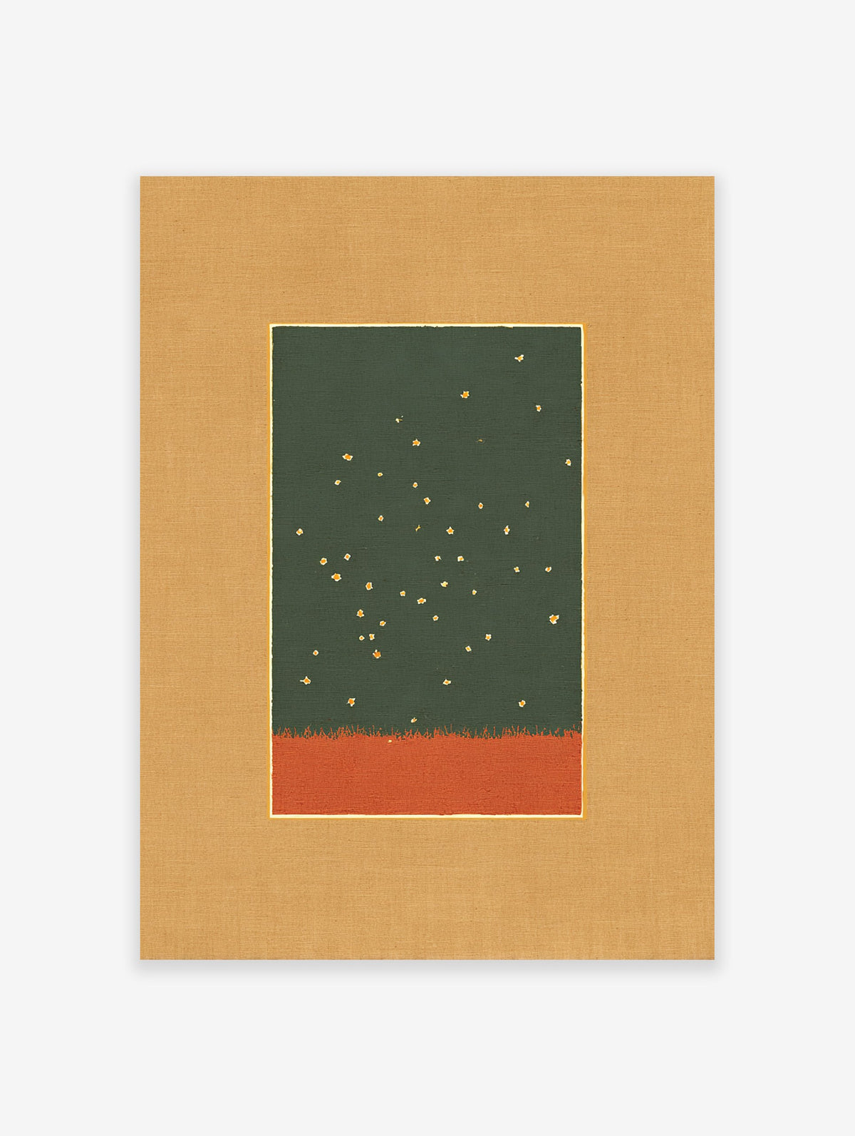 Abstract wall art print with dark green top, gold specks, and burnt orange bottom, matted in tan with a gold line.