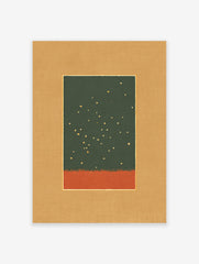 Abstract wall art print with dark green top, gold specks, and burnt orange bottom, matted in tan with a gold line.