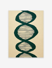 Abstract wall art print with vertical repeating dark green organic shapes and horizontal black lines on a light beige background.