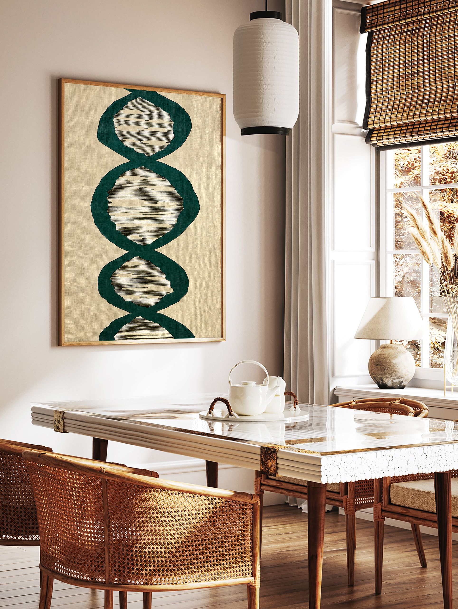 Abstract wall art print with vertical repeating dark green organic shapes and horizontal black lines on a light beige background. - Image 2