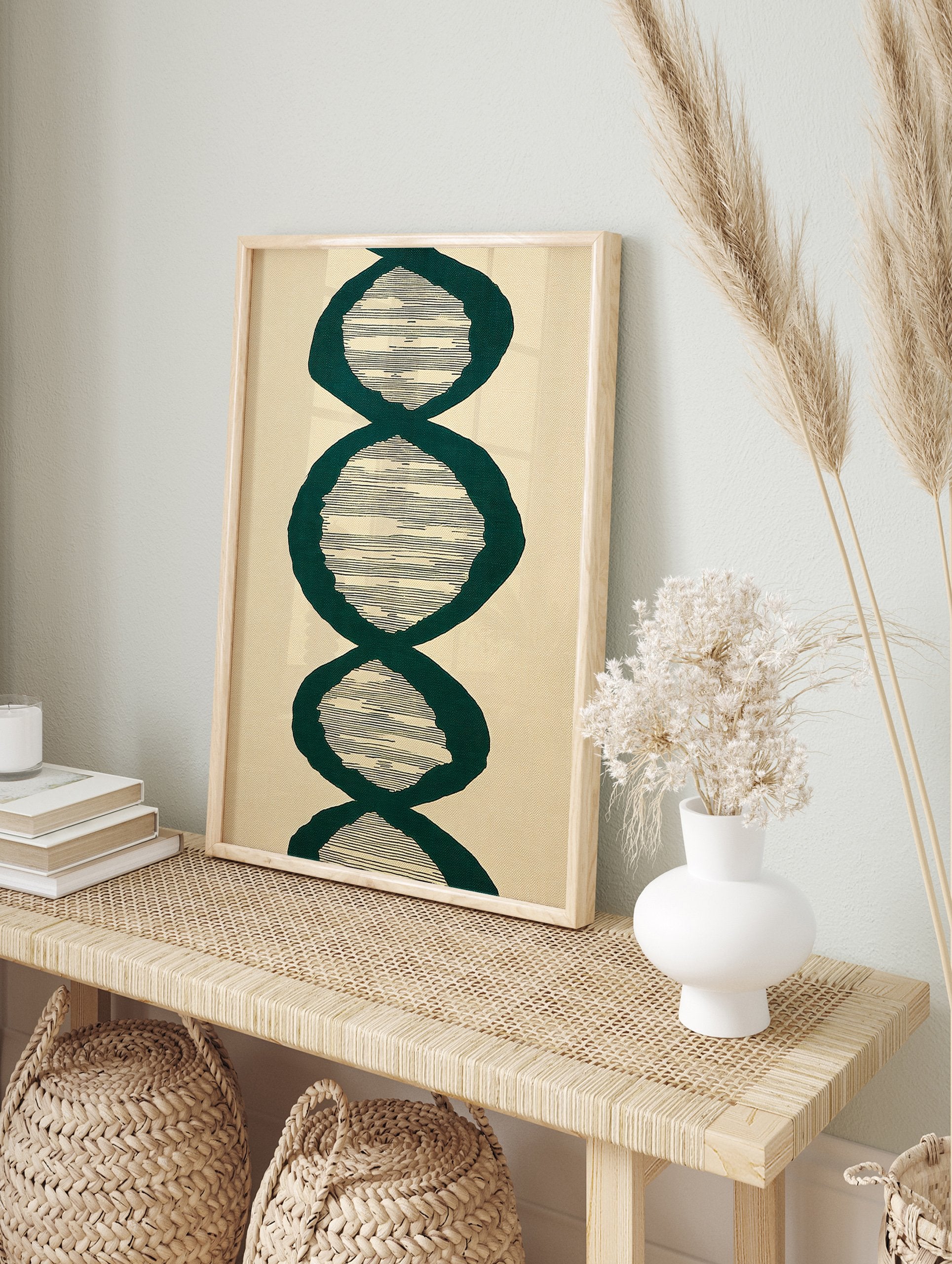 Abstract wall art print with vertical repeating dark green organic shapes and horizontal black lines on a light beige background. - Image 3