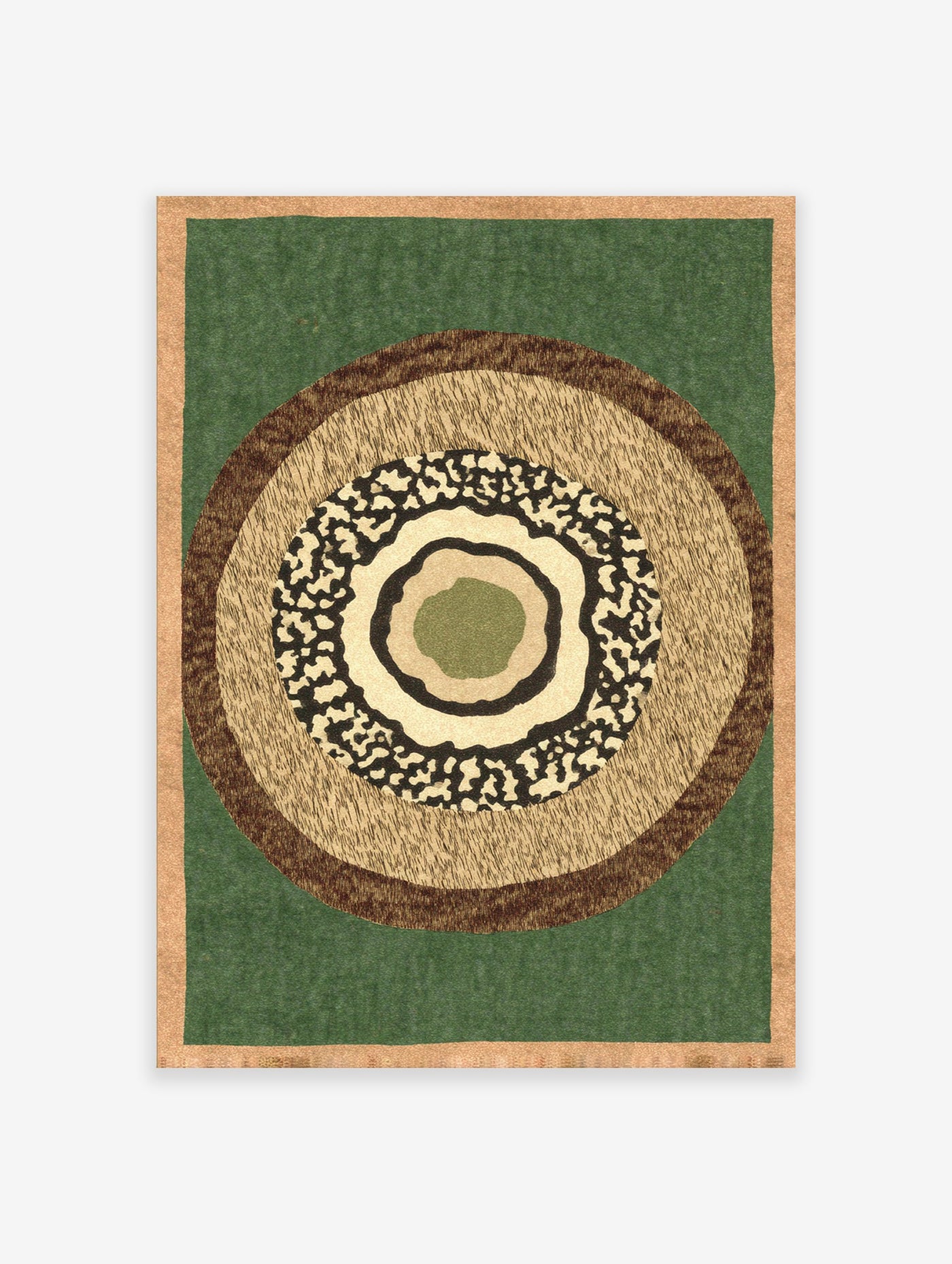Abstract wall art print with concentric circles in earthy green, brown, and tan textures, framed by a light brown border.