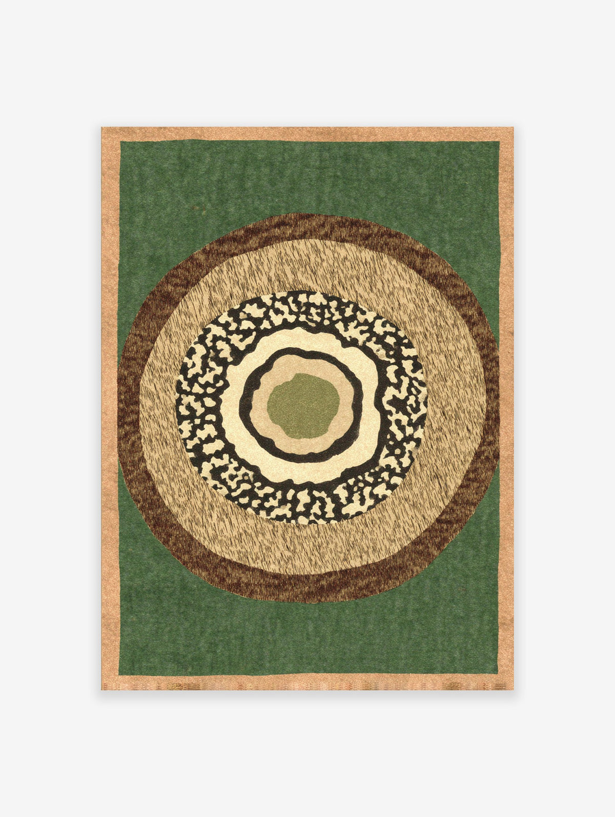 Abstract wall art print with concentric circles in earthy green, brown, and tan textures, framed by a light brown border.