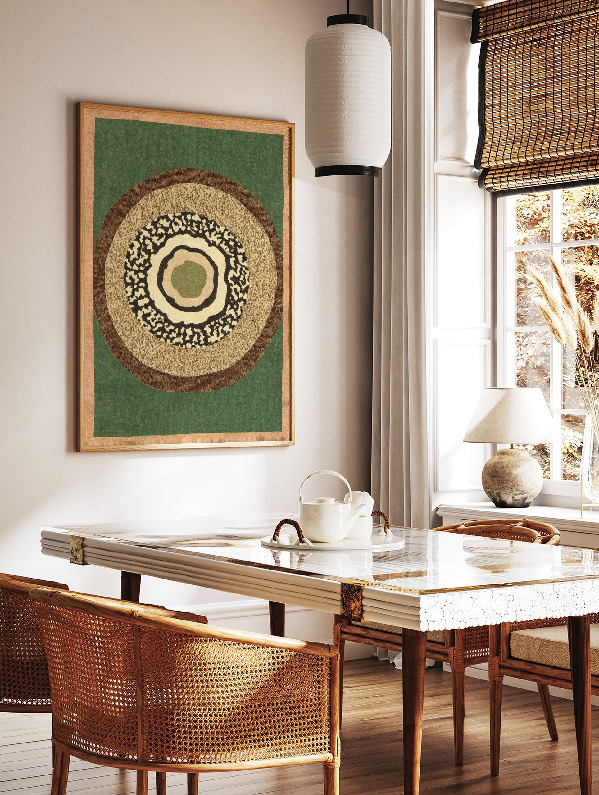 Abstract wall art print with concentric circles in earthy green, brown, and tan textures, framed by a light brown border. - Image 2