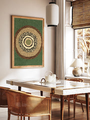 Abstract wall art print with concentric circles in earthy green, brown, and tan textures, framed by a light brown border. - Image 2
