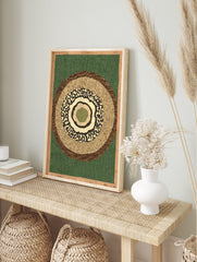 Abstract wall art print with concentric circles in earthy green, brown, and tan textures, framed by a light brown border. - Image 3