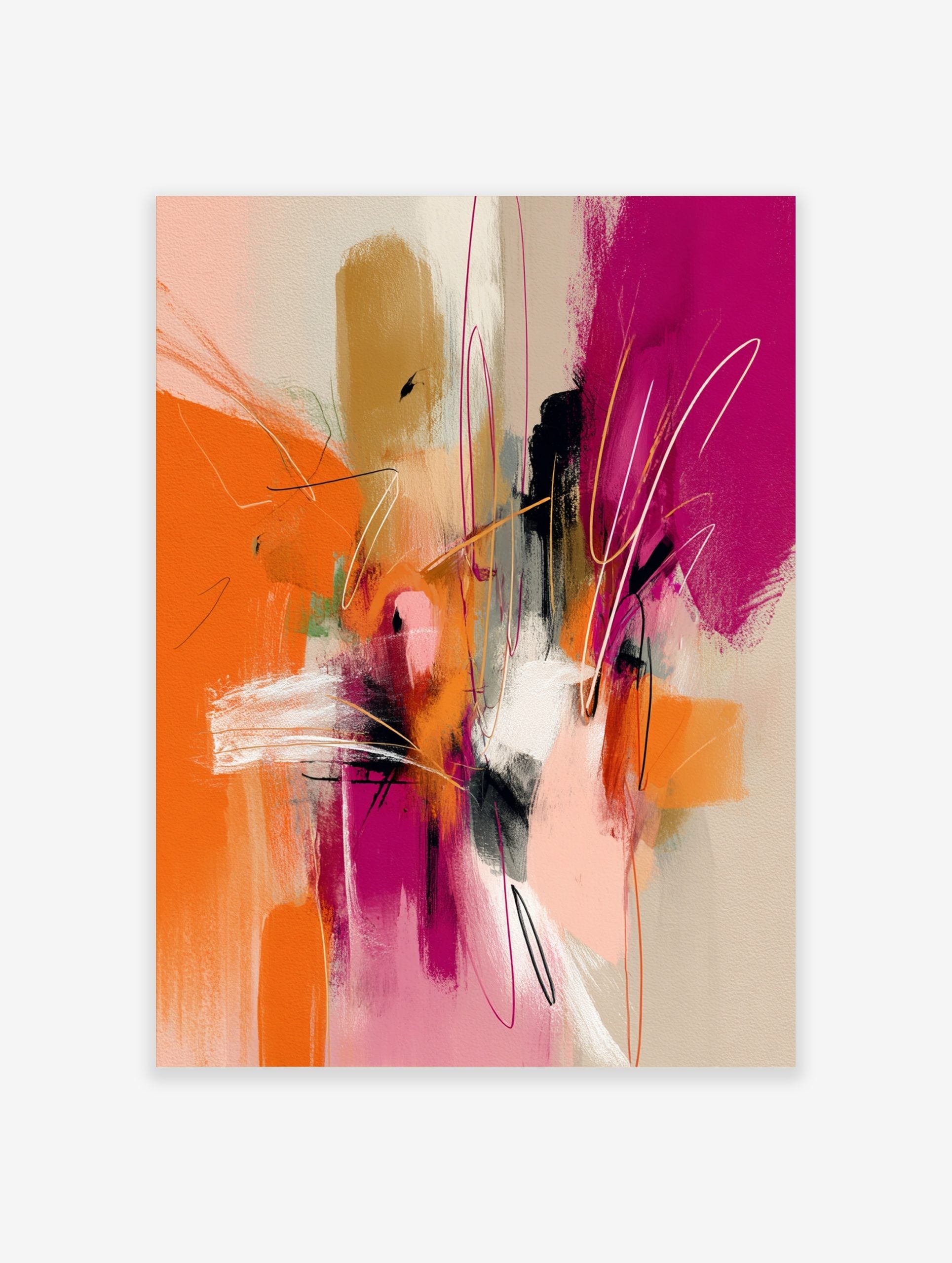 Abstract wall art with dynamic orange, fuchsia, black, and white brushstrokes and delicate lines
