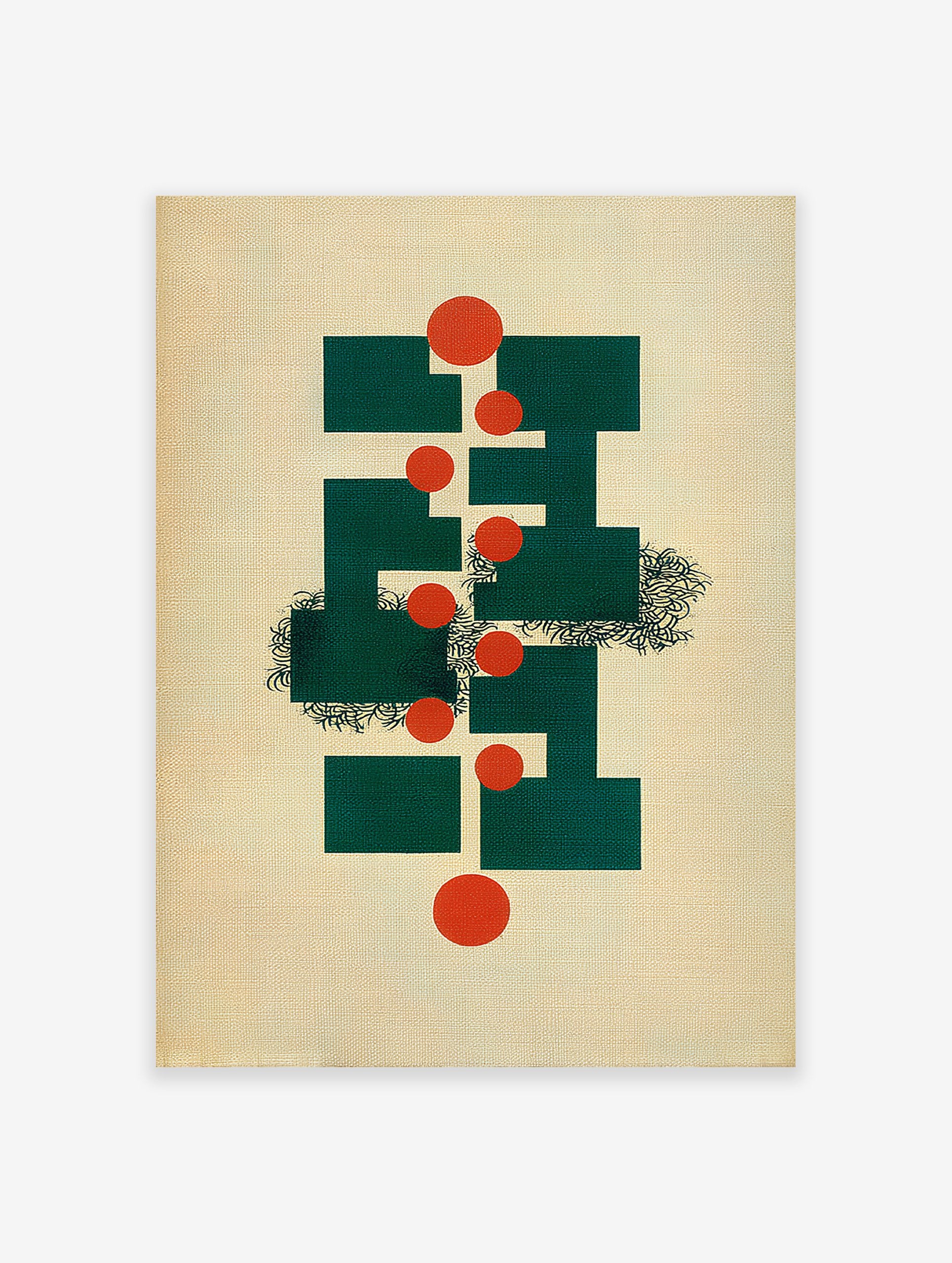 Abstract wall art with green geometric shapes, orange circles, and black organic lines on a textured beige background.