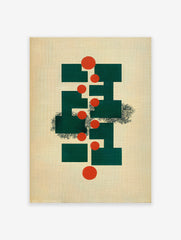 Abstract wall art with green geometric shapes, orange circles, and black organic lines on a textured beige background.
