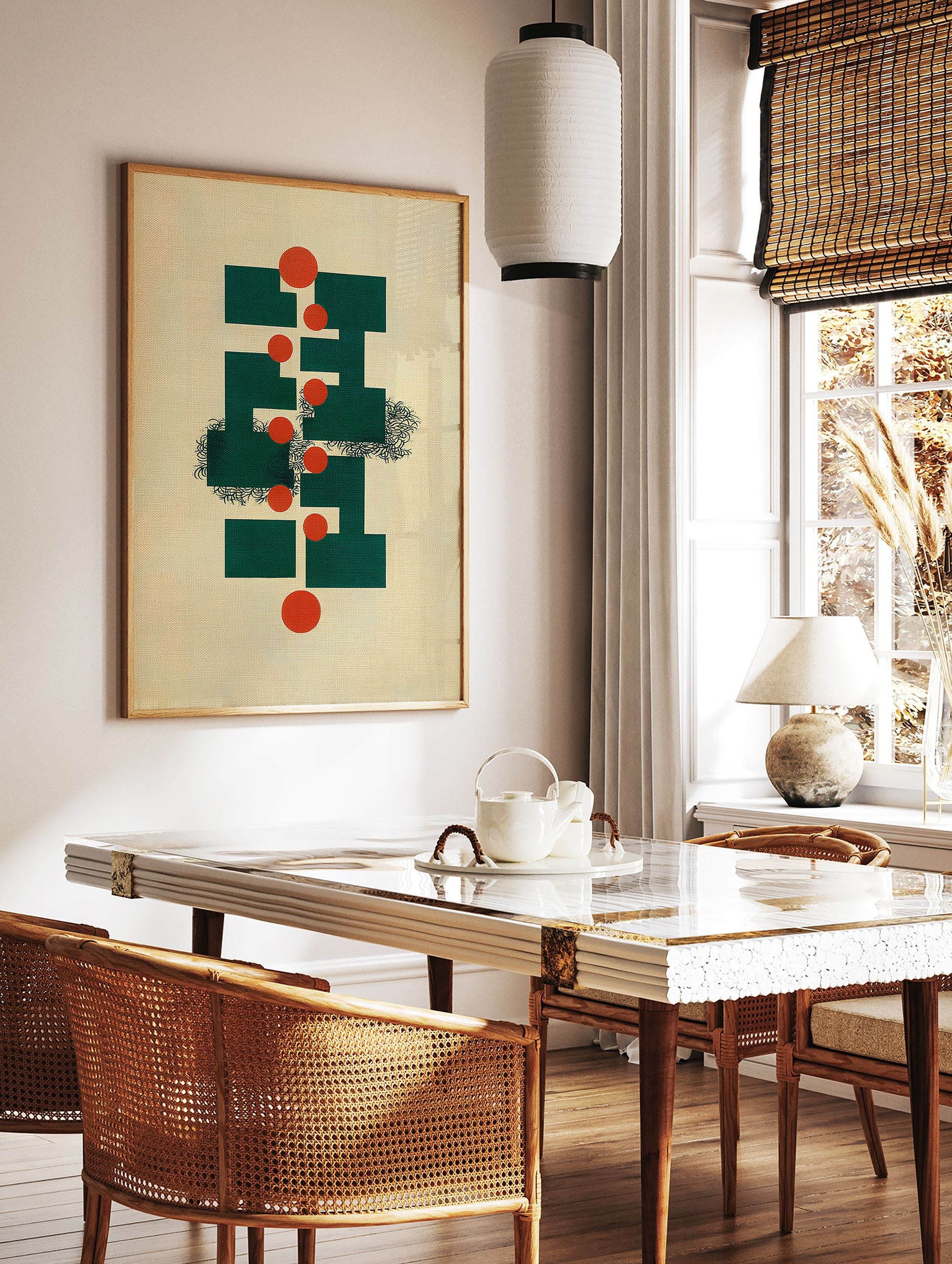 Abstract wall art with green geometric shapes, orange circles, and black organic lines on a textured beige background. - Image 2