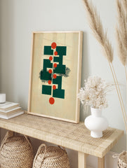 Abstract wall art with green geometric shapes, orange circles, and black organic lines on a textured beige background. - Image 3