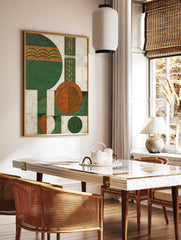 Abstract wall art featuring geometric shapes in green, orange, and white with textured patterns, providing modern decor. - Image 2