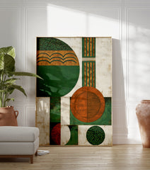 Abstract wall art featuring geometric shapes in green, orange, and white with textured patterns, providing modern decor. - Image 3