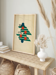 Abstract geometric wall art print with green trapezoids, red and teal circles, and black brushstrokes on a textured beige background. - Image 3