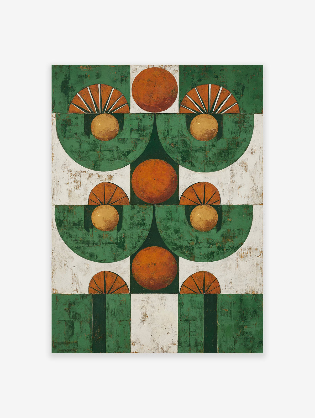 Abstract geometric wall art print with a repeating pattern of green semicircles and orange circles on a white background.
