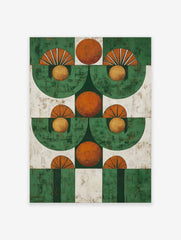 Abstract geometric wall art print with a repeating pattern of green semicircles and orange circles on a white background.